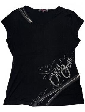 Y2K Oxygen Black Silver Gothic Style Graphic T-Shirt With Zipper Details Sz L